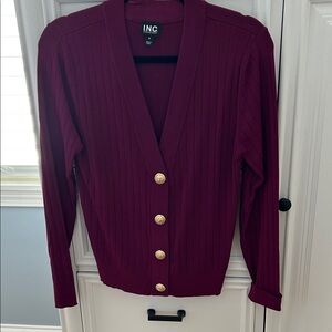 INC Burgundy Cardigan with Gold Buttons